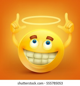 Yellow smiley face character with nimbus Vector illustration