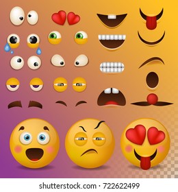Yellow smiley face character for your scenes template smile cartoon emoji elements emotion big set vector illustration.