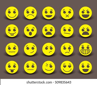Yellow smiley face icons and emoticons with facial expressions and emotions in flat paper cut circle. Vector illustration.
