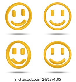 Caras sonrientes amarillas 3D isométricas con ojos rectangulares en diferentes perspectivas. Ilustración adecuada para el diseño de uso, materiales de marketing, App y redes sociales, añadiendo elementos de alegría y positividad