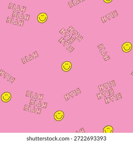 Yellow smiley faces and BLAH text on pink seamless playful vector background