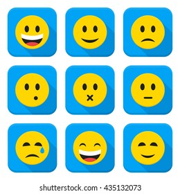 Yellow Smiley Faces Squared App Icon Set. Vector Illustration of Flat Style Icons Square Shaped.