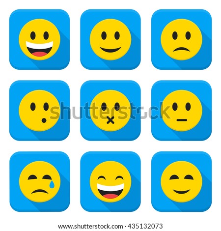 Yellow Smiley Faces Squared App Icon Set. Vector Illustration of Flat Style Icons Square Shaped.