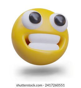 Yellow smiling ball, side view. Emoticon smiles joyfully, showing teeth. Admiration, pleasant shock, adoration. Grimacing face. Modern web design, sign communication template