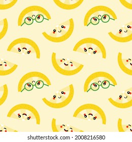 Yellow smiling and cute lemon slice characters vector seamless pattern background.