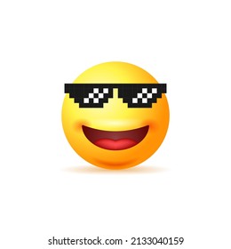 Yellow smiling emoji with pixel glasses isolated on white background. Vector 3d illustration.