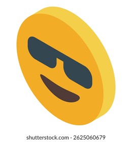 Yellow smiling emoji wearing sunglasses isometric icon represents happiness and coolness