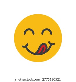 Yellow smiling face emoji with closed eyes and a red tongue licking its lips, representing hunger, satisfaction, and delicious food.