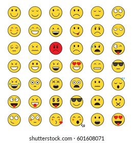 Yellow Smiling Face Positive And Negative People Emotion Icon Set Flat Vector Illustration