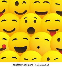 Yellow Smiling Faces with Various Expressions - Emoji Pattern Background