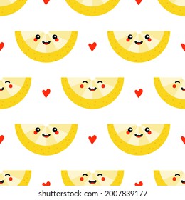 Yellow smiling lemon slice characters and red hearts vector seamless pattern background.