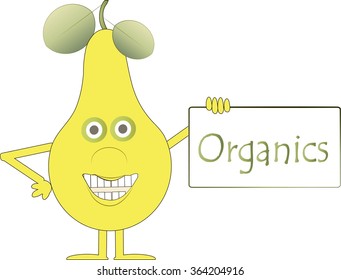 Yellow smiling pear with arms and legs, green eyes, leaves, plaque with the inscription Organics, a healthy food for children, object on white, vector