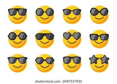 Yellow Smiling Round Character Set with Sunglasses. Funny Smiling Sphere Character Face Set, Facial Expression, Isolated. Vector Illustration