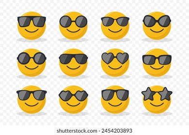 Yellow Smiling Round Character Set with Sunglasses. Funny Smiling Sphere Character Face Set, Facial Expression, Isolated. Vector Illustration