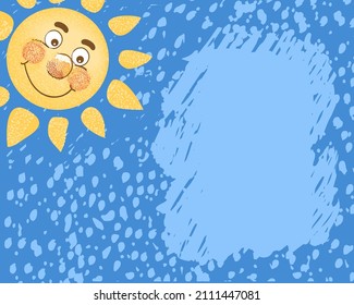Yellow smiling sun with a face on a blue spotted background. Kids cartoon vector template with copy space for kindergarten