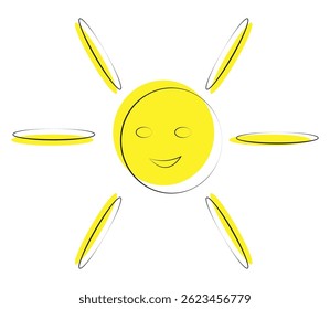 Sol sorridente amarelo com raios ovais flutuantes.