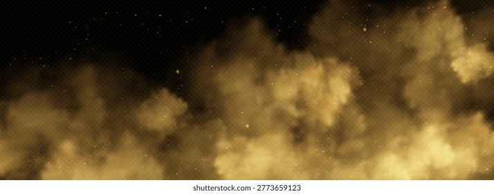  Yellow smoke clouds with sparks flying in air. Vector realistic illustration of transparent mist rising above fire, fiery heat rising up with cinder particles, burning flame haze overlay effect