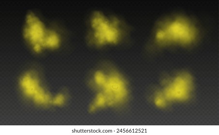 Yellow smoke, colorful fog, realistic smog, haze, mist or cloudiness effect isolated on transparent background. Colored powder, holi celebration concept. Vector illustration.