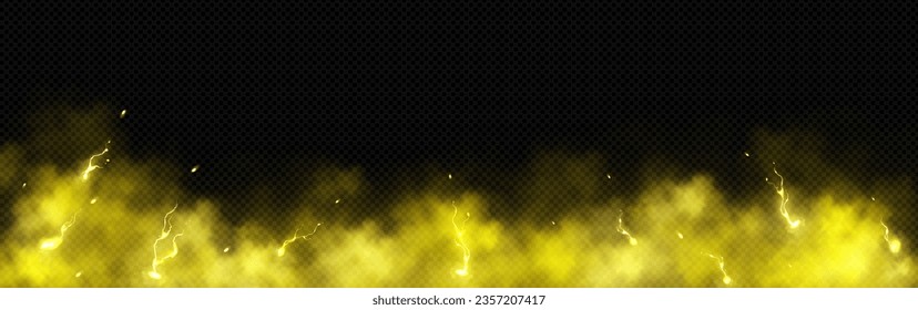 Yellow smoke with lightning strikes on transparent background. Vector realistic illustration of abstract cloud of toxic fire fume, neon electric energy discharges glowing in air, banner frame design