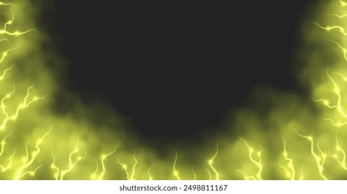 Yellow smoke with lightnings abstract background, thunderbolts and vapor, lightning in yellow fog. Neon haze with energy charges. Vector illustration.