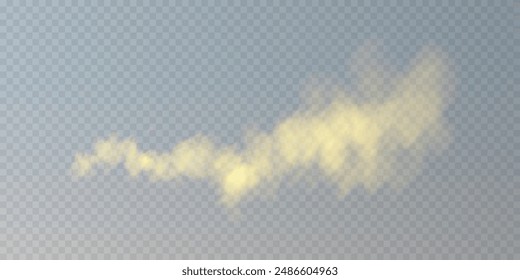 Yellow smoke, smog cloud on podium or stage, isolated transparent special effect. Vector illustration, misty vapor over ground or water surface, magic haze.	
