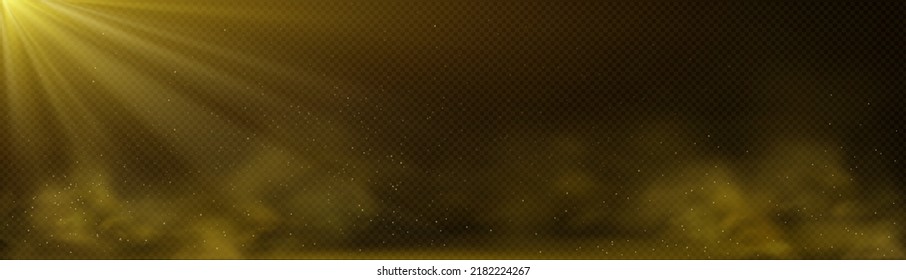 Yellow smoke and sun rays on transparent background. Fog clouds with shiny beams, dust spray, water drops, magic flow mist, smoky fume stream or haze. Realistic 3d vector isolated steaming vapour