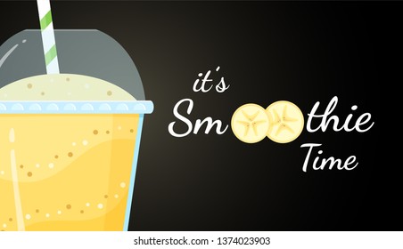 Yellow smoothie fruit logo flat vector illustration. Fresh smoothies drink with yellow layers in glass with fruit smoothie logo for fast food menu or healthy detox web banner. Clipping mask applied.