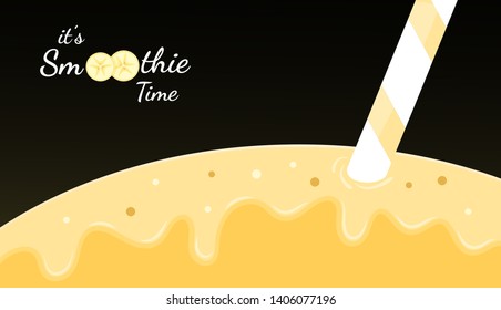 Yellow smoothie fruit logo flat vector illustration. Fresh smoothies drink or frozen yougurt with yellow splash, drops and banana smoothie logo for fast food menu or healthy detox web banner