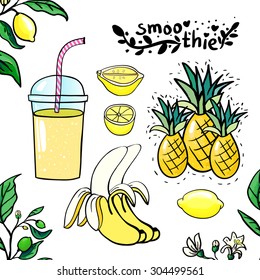 yellow smoothie / juice vector with pineapple, lemon, banana