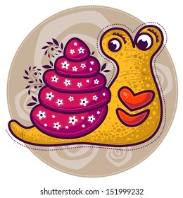 Yellow snail with big lips is looking at his purple house. At the cabin grow plants with leaves and buds.