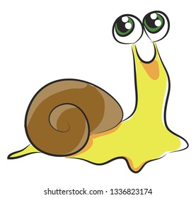 Yellow snail with green eyes vector illustration on white background.