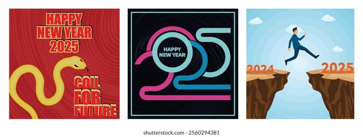 Yellow Snake Design Celebrating New Year 2025. New year 2025 minimalist. A young man Jumping Across Cliffs From 2024 to 2025 in Symbolic Progression. Set flat vector modern illustration 