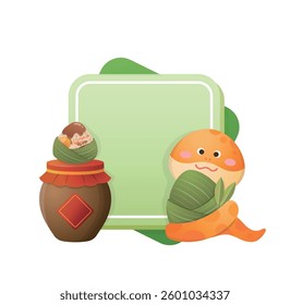 Yellow snake mascot with green blank template or border, Dragon Boat Festival