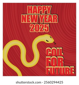 Yellow snake on a red background with bold text welcoming the year 2025 and inspiring positivity for the future. Flat vector modern illustration 