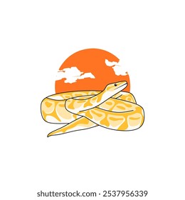 a yellow snake with a orange sun in the background