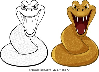 A yellow snake with scales, open mouth and sharp teeth is ready to bite, isolated on a white background