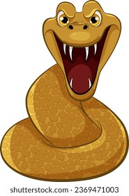 A yellow snake with scales, open mouth and sharp teeth is ready to bite, isolated on a white background