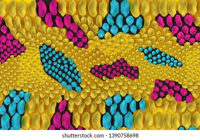 Yellow snake skin texture with blue and pink spots realistic style, vector illustration. Reptile animal leather background, decorative exotic pattern or textile print