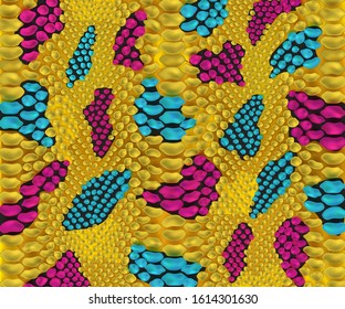 Yellow snake skin texture with blue and pink spots realistic style, vector illustration. Reptile animal leather background, decorative exotic pattern or textile print