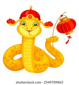 Serpiente amarilla, símbolo del Nuevo año lunar chino 2025. Serpiente sonriente y juguetona linda en sombrero tradicional y con linterna de papel rojo. Feliz saludo del Año Nuevo chino. Ilustración vectorial