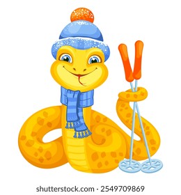Yellow snake, symbol of Chinese New Year 2025. Cute smiling snake wearing a blue knitted winter hat and scarf, holds а ski poles with his tail. Happy Chinese New Year greeting. Vector illustration