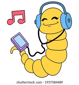 The yellow snake uses headphones to enjoy musical entertainment from a smartphone, vector illustration art. doodle icon image kawaii.