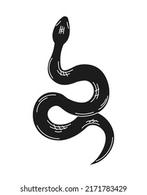 Serpiente amarilla, ilustración vectorial para diseño, afiche o impresión. Inscripción Mantente mágico. Ilustración de vector blanco y negro dibujada a mano