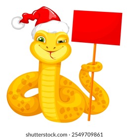 Yellow snake, vector symbol of New Year 2025. Cute and funny smiling snake wearing a red Santa Claus hat, holds а sign on the stick with place for text with his tail. Happy New Year greeting