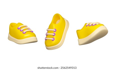 Yellow sneakers vector 3d icon set. Cartoon sport shoes isolated on white background. Footwear in different positions in simple cute style