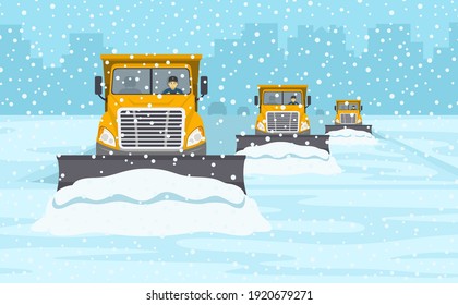 Yellow snow plow convoy clearing the highway. Winter driving conditions. Flat vector illustration template.