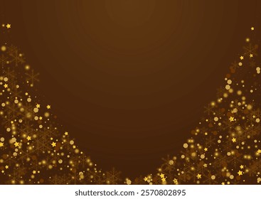 Yellow Snow Vector Brown Background. Gold Christmas Snowstorm Postcard. Festive Stars Pattern. Winter Flake Invitation.