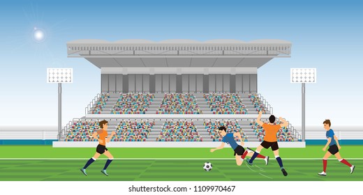 Yellow soccer player commits a foul against blue soccer player during football match team players sport championship vector illustration.