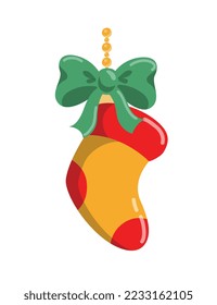 Yellow sock for Christmas tree. Toy on pendant with green bow. Sticker for social networks. Design element for invitation and greeting postcard, winter holidays. Cartoon flat vector illustration
