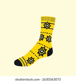A yellow sock with a star and dash pattern is set against a light yellow background for warmth. Perfect for wint
